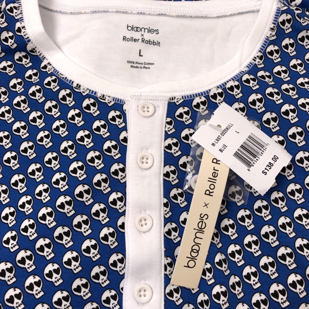 Bloomies x Roller Rabbit Blue White Heart Skull Pima Cotton Pajama Top Pant Set - Picture 5 of 7